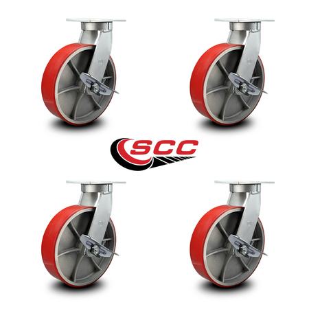 Service Caster 10 Inch Heavy Duty Red Poly on Cast Iron Swivel Caster Set with Brakes, 4PK SCC-KP92S1030-PUR-RS-SLB-4